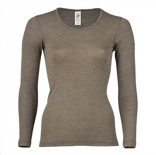 Langærmet bluse, uld/silke, Walnut