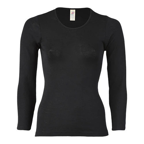 Langærmet bluse, uld/silke, Black